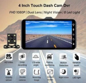 Touch Screen Dash Cam 4" 1080P Dual Lens Car DVR Recorder Front and Rear Camera